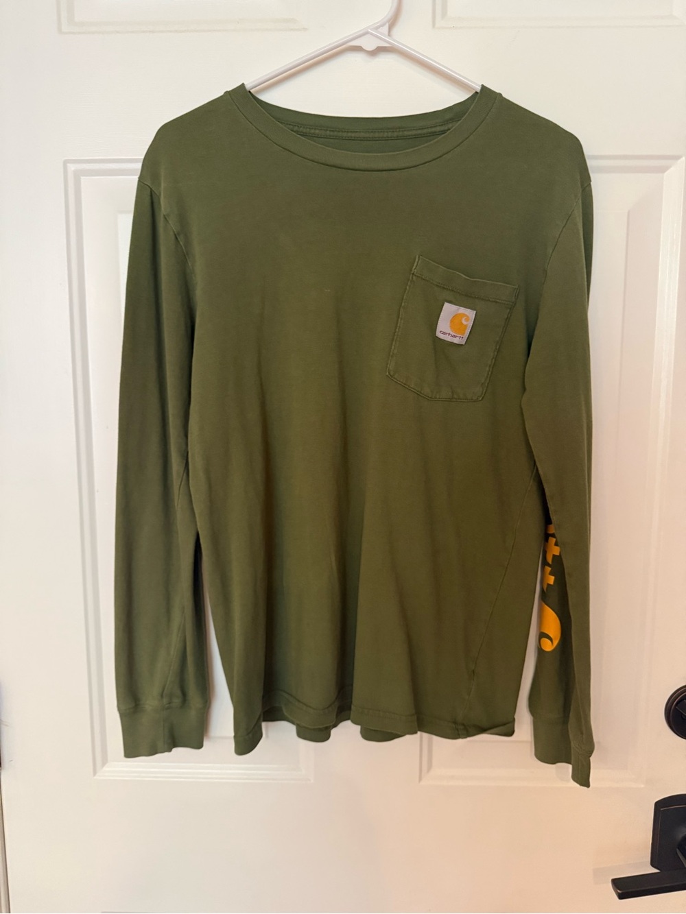 Carhartt Kids Olive Green Long Sleeve Pocket Tee with Yellow Logo